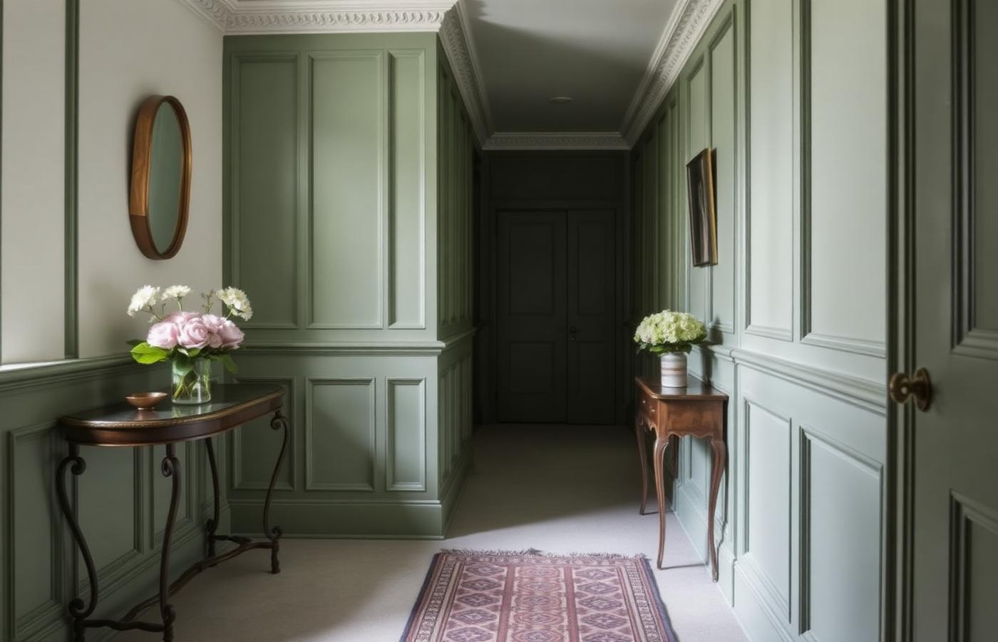 Calm hallway with wide plank oak flooring and a bespoke stair runner