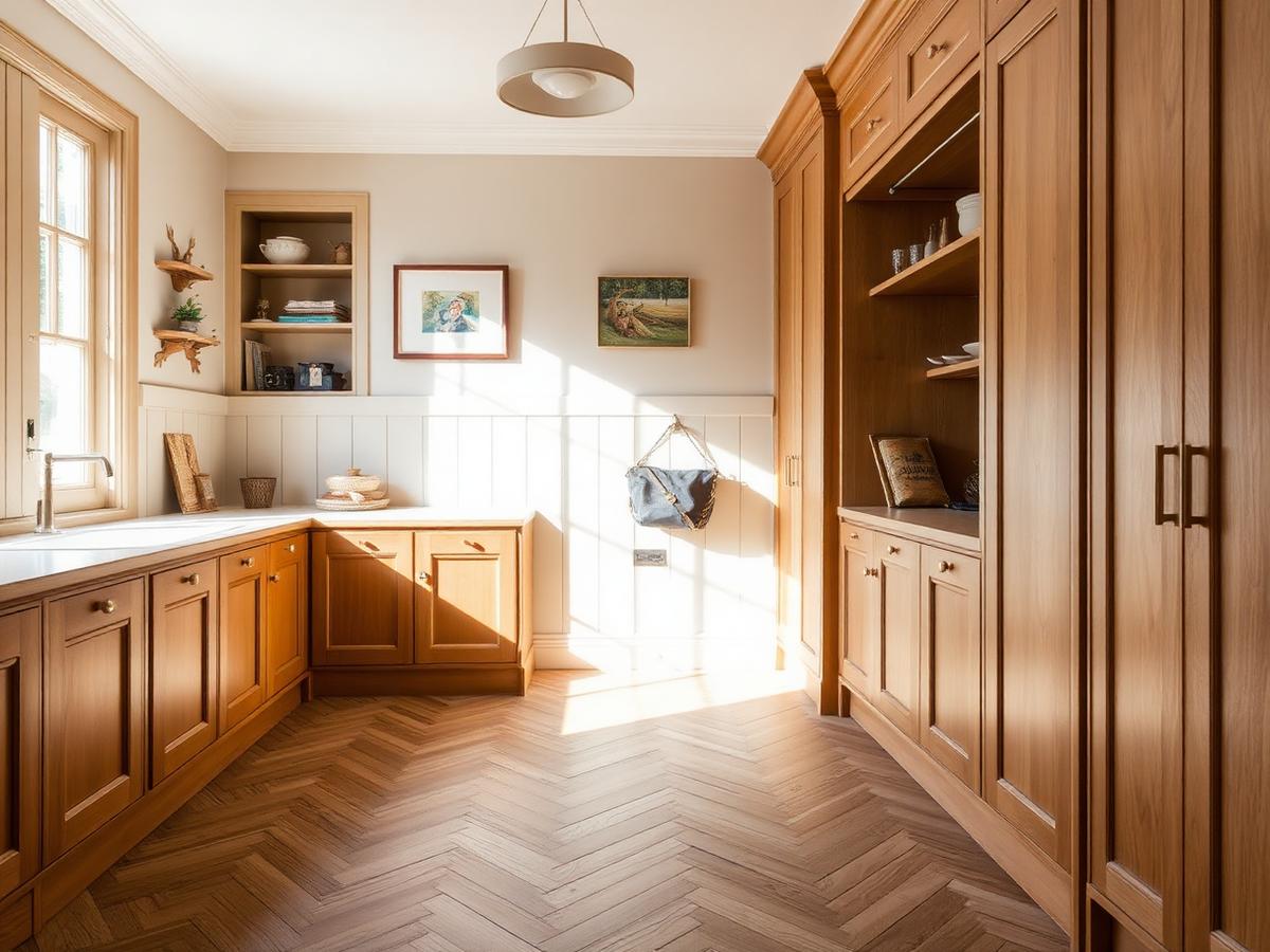 Herringbone-laid luxury vinyl tile flooring in a kitchen with a marble-effect finish