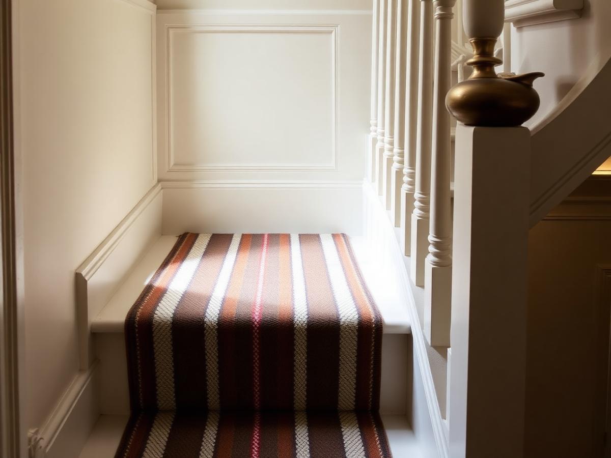 Bespoke striped stair runner with brass stair rods on a period staircase