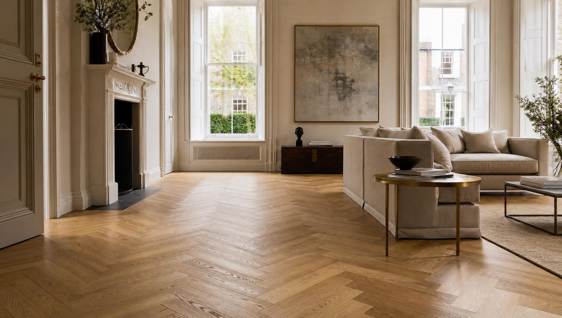 Elegant Georgian living room with herringbone engineered oak wood flooring