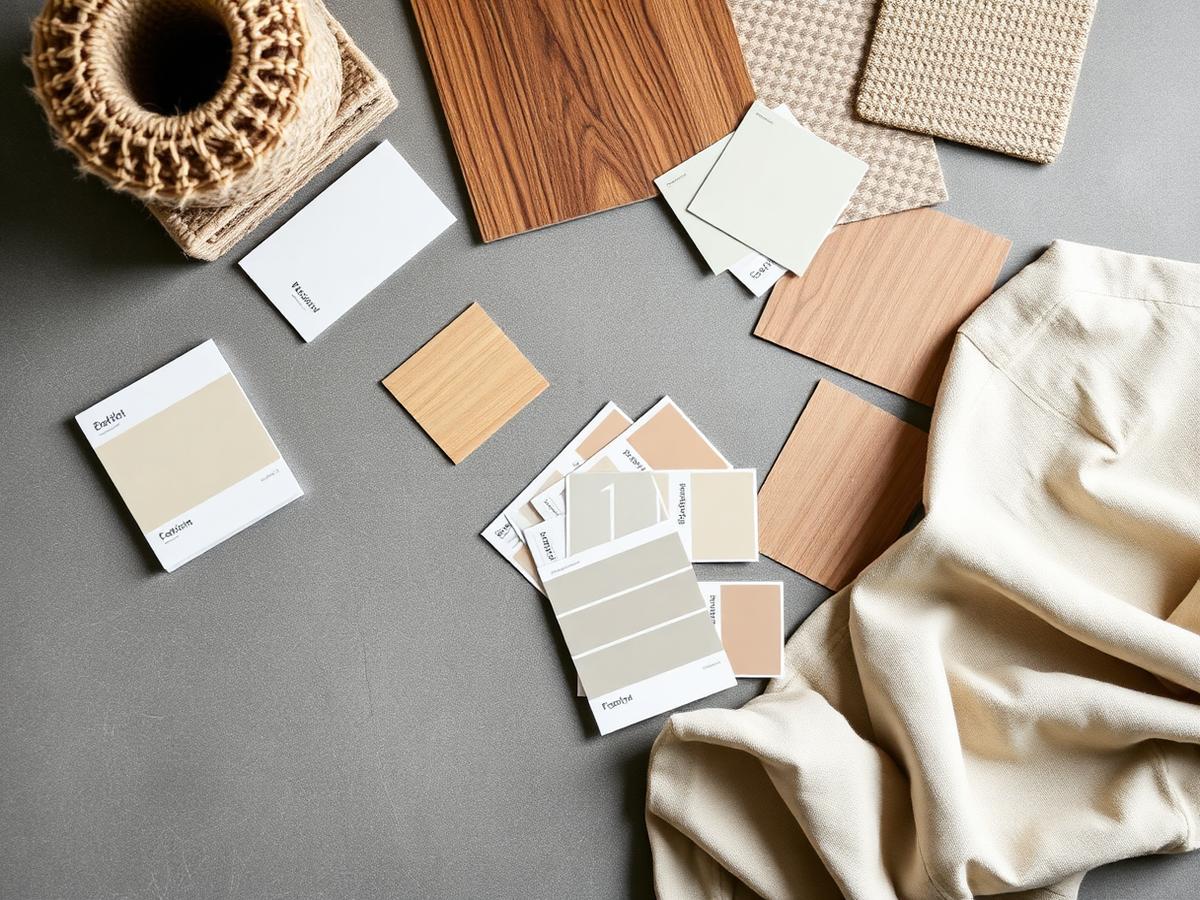 Flooring samples arranged with paint cards and linen fabric